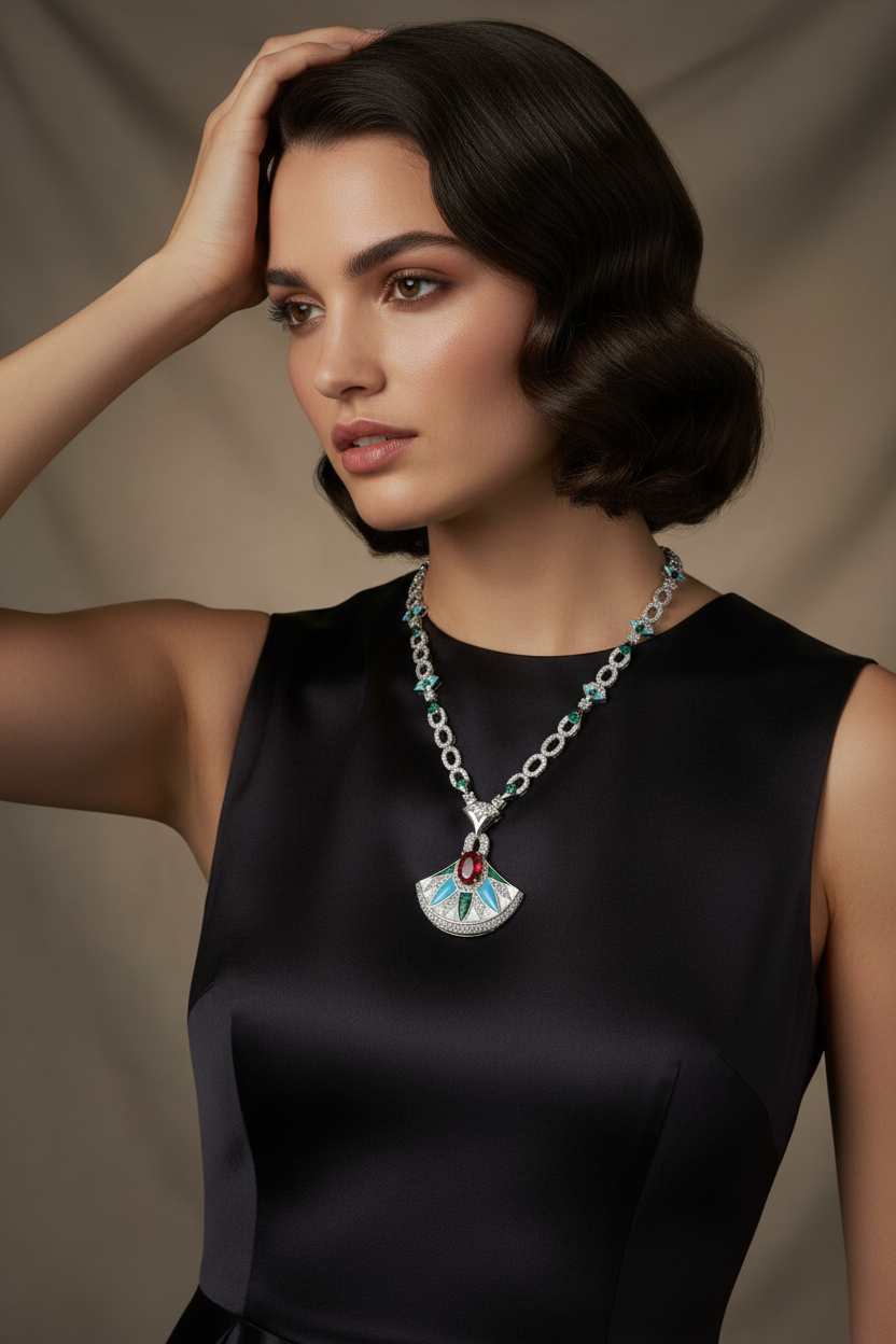 Art Deco Fan Pendant on Model