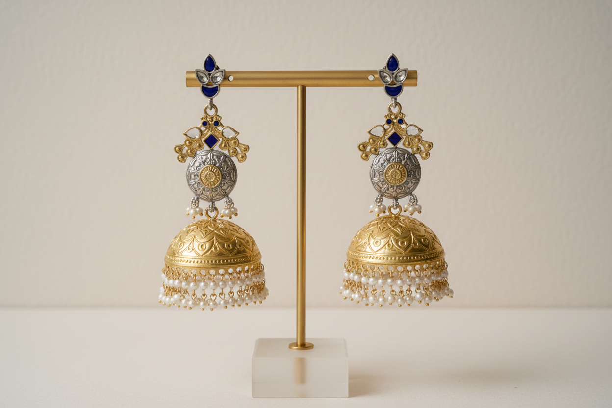 Blue enamel gold jhumka earrings with pearls - professional studio