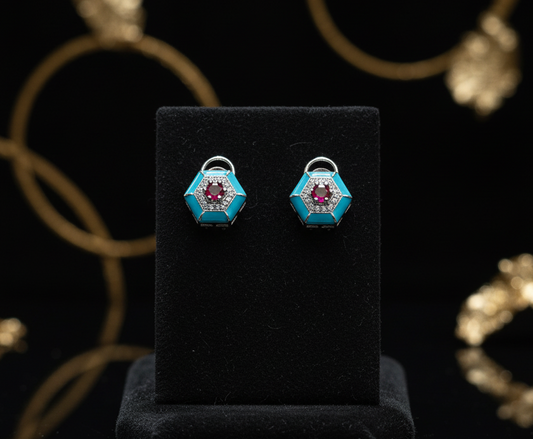 Blue enamel hexagonal stud earrings with ruby center