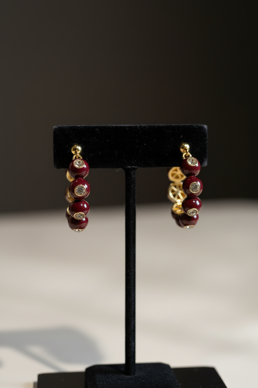 Burgundy Crystal Beaded Hoop Earrings