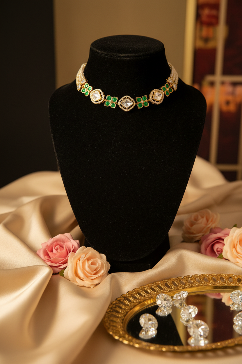 Emerald and diamond choker necklace set