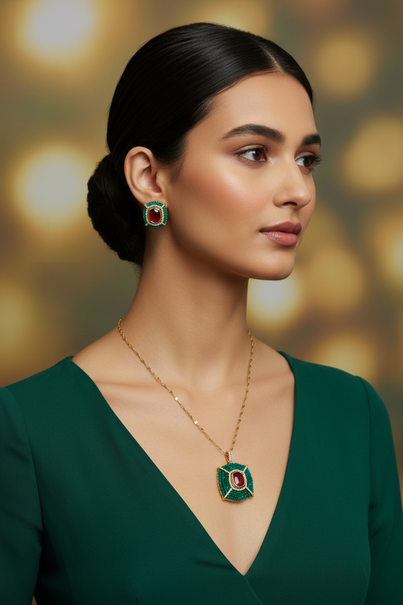 Emerald Ruby Pendant Set on Model