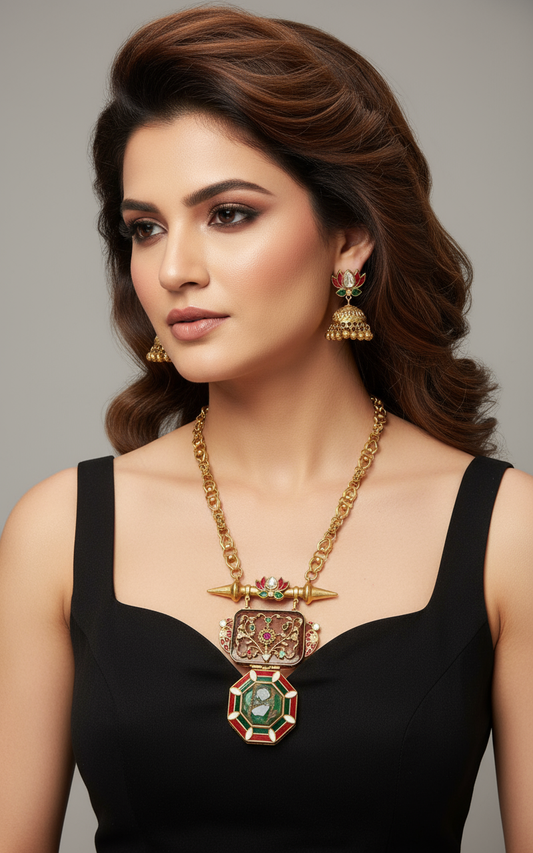 Gold Lotus Necklace Set on Model