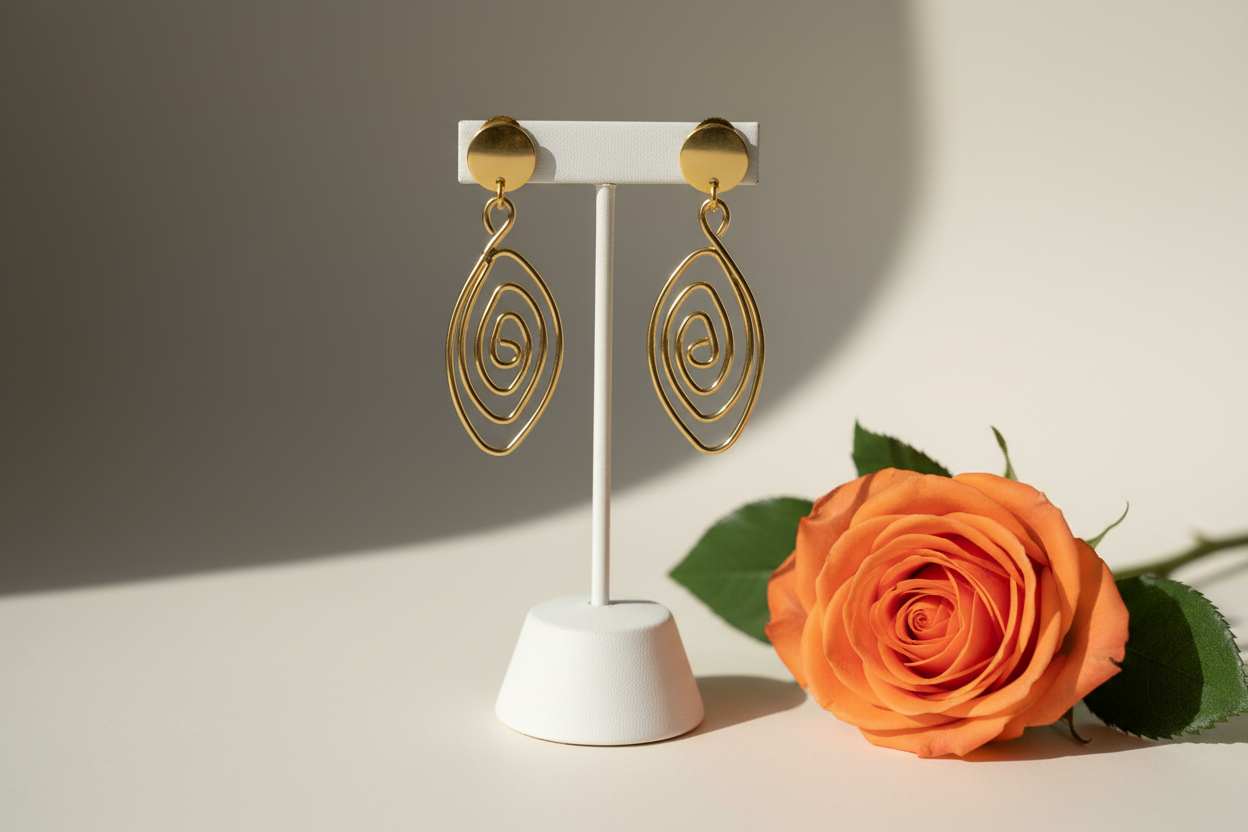 Gold spiral wire earrings pair with orange rose