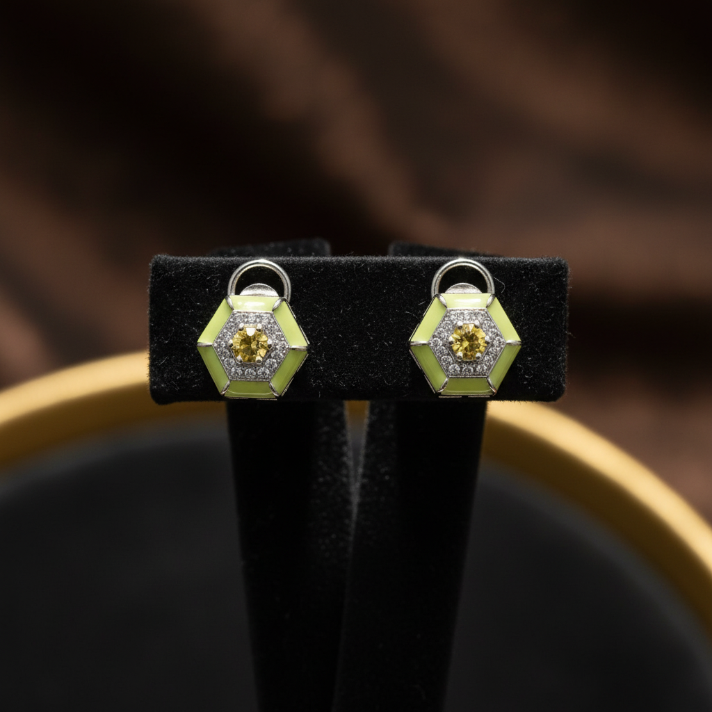 Lime yellow enamel hexagonal stud earrings