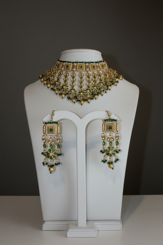 Matching tikka and earrings on jewelry holder