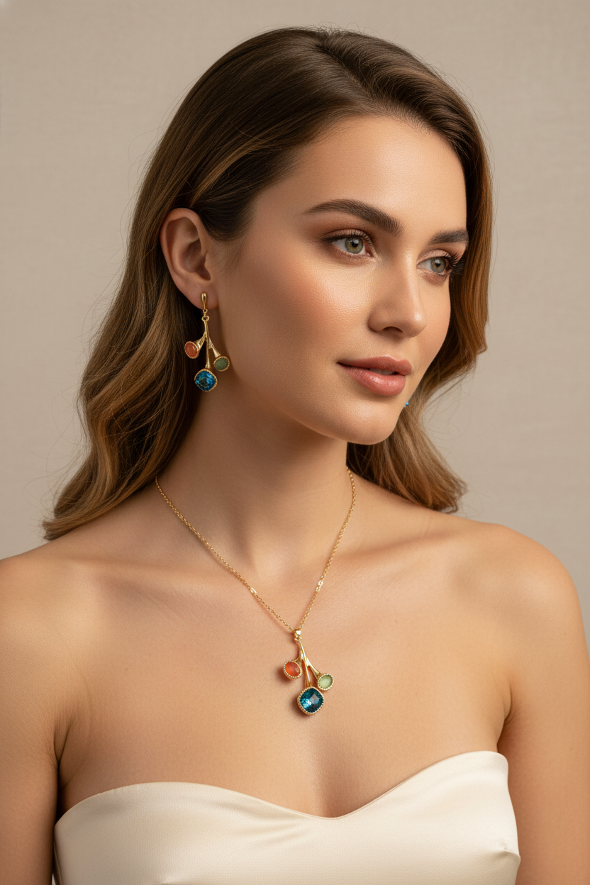 Model wearing gold multi-gemstone jewelry set