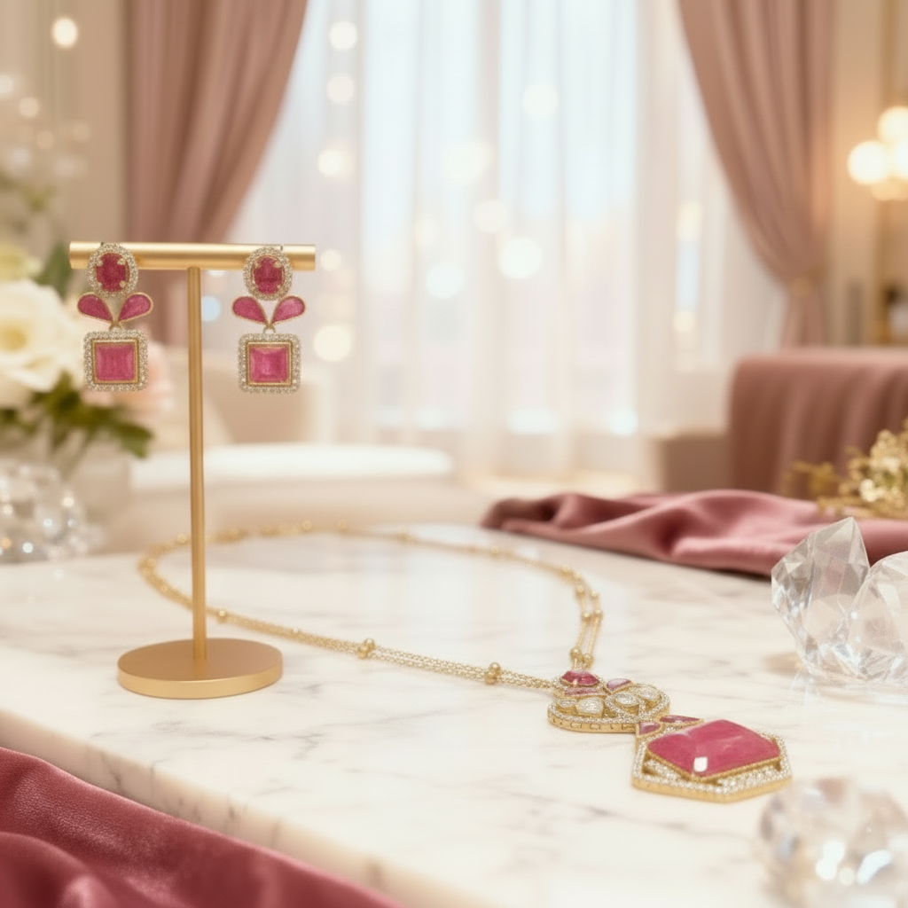 Pink Ruby Necklace Set in Luxury Setting