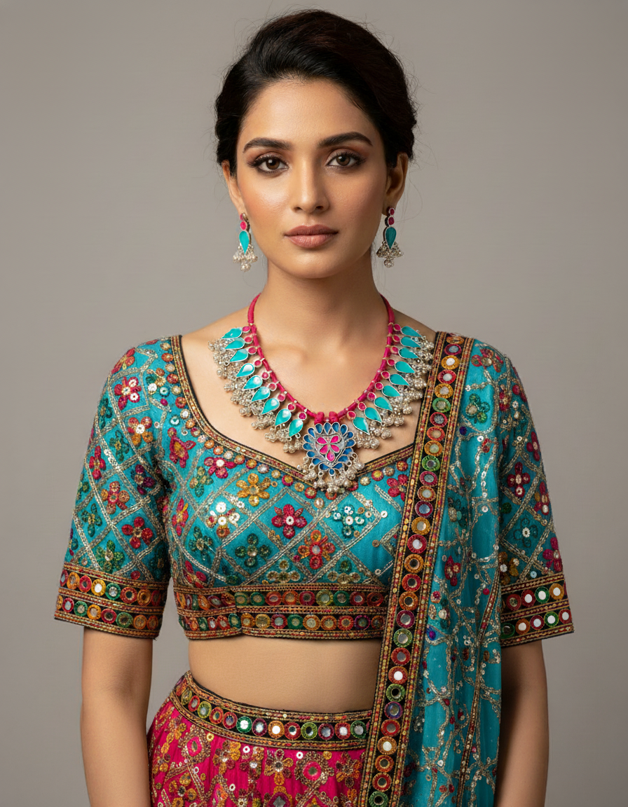 Turquoise and Pink Necklace with Hot Pink and Aqua Blue Chaniya Choli