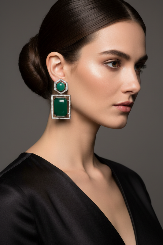 Art Deco Geometric Earrings on Model