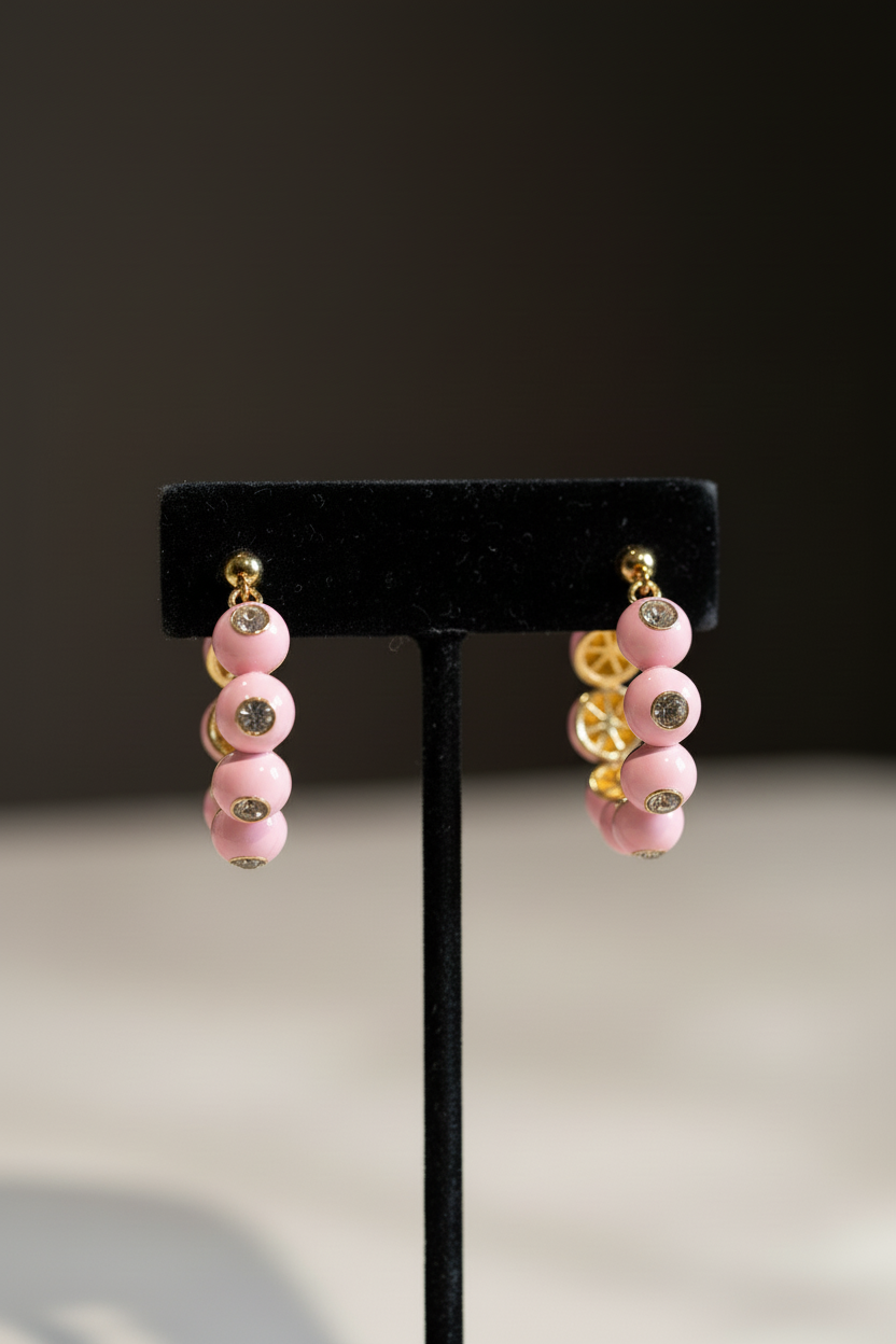 Baby Pink Crystal Beaded Hoop Earrings