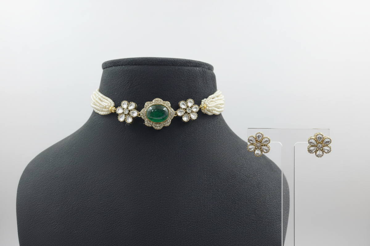Choker necklace with earrings on side holder