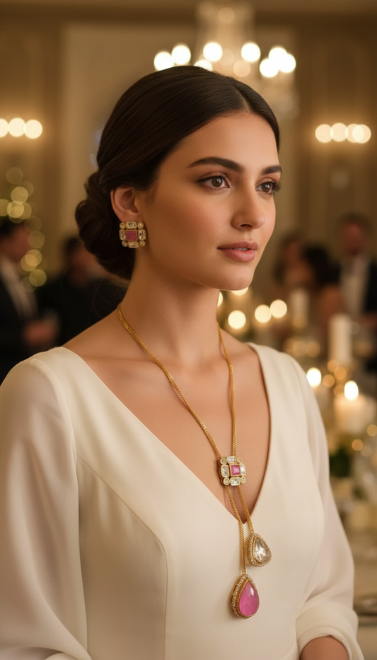Close-up of jewelry set on model in elegant off-white dress