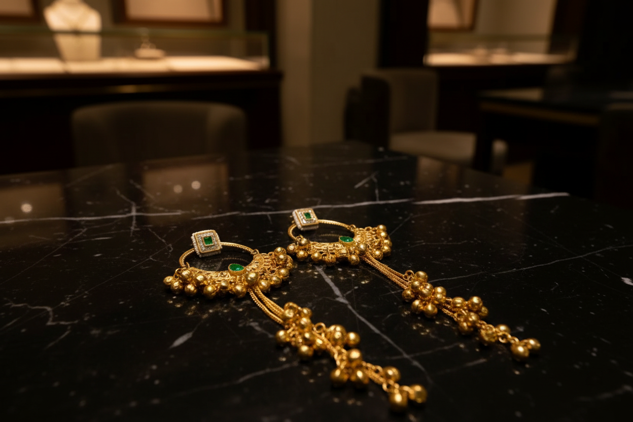 Emerald chandbali earrings on counter