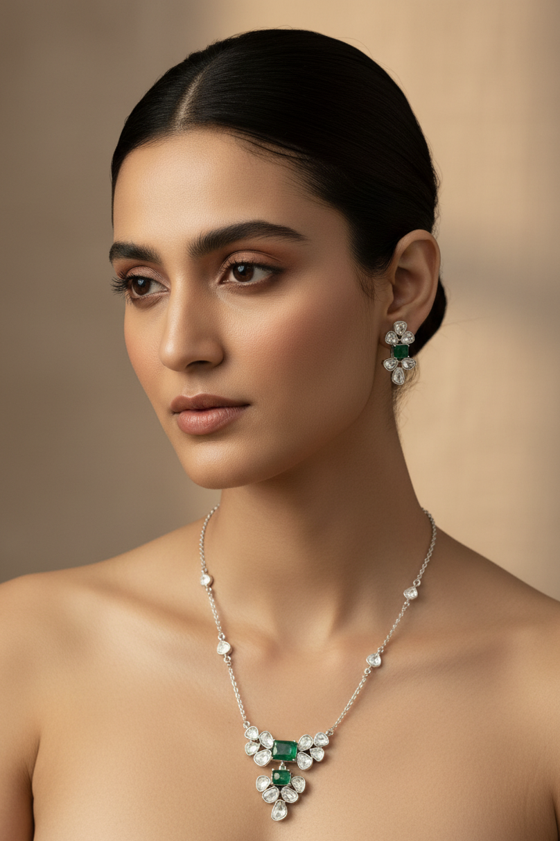 Emerald Flower Necklace Set on Model