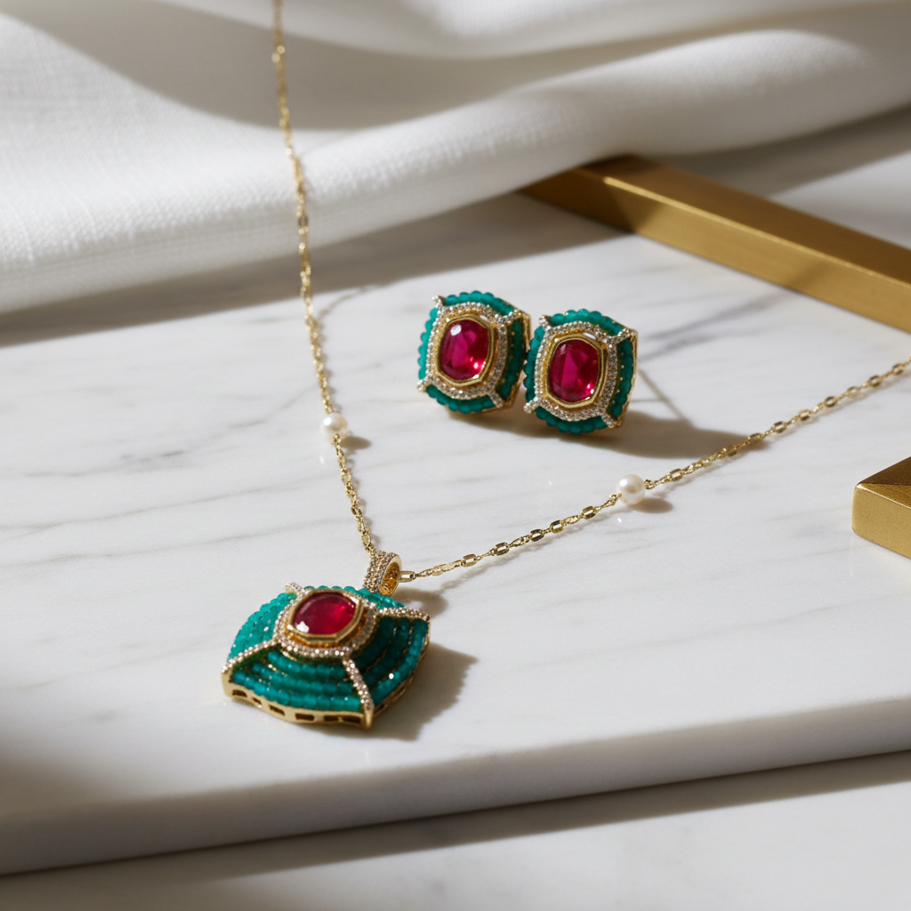 Emerald Ruby Pendant Set Professional Setting