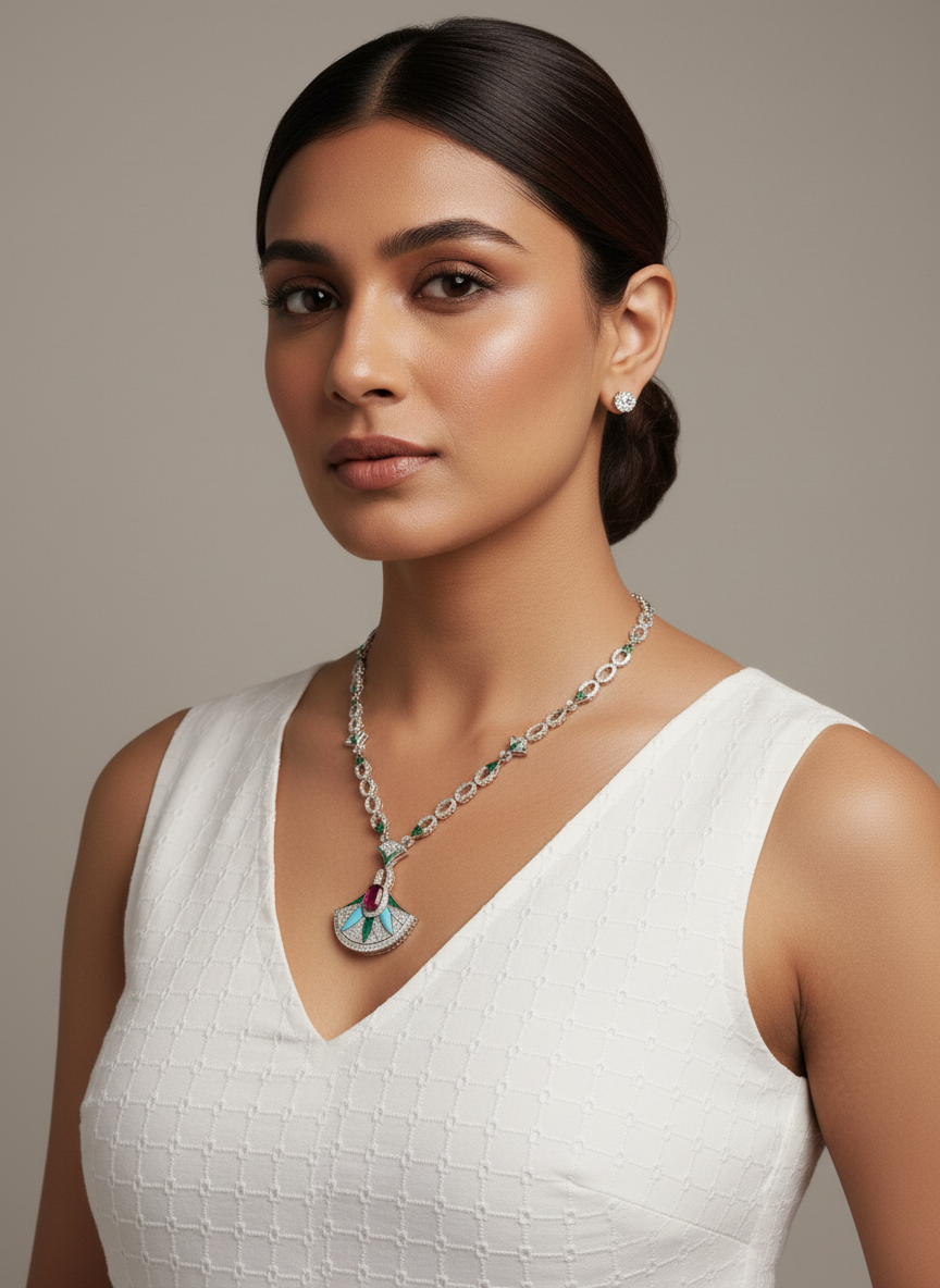 Fan Pendant Necklace with Diamond Studs