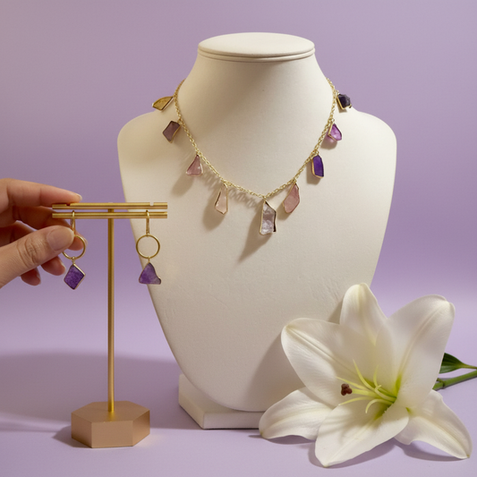 Gemstone necklace with lavender background