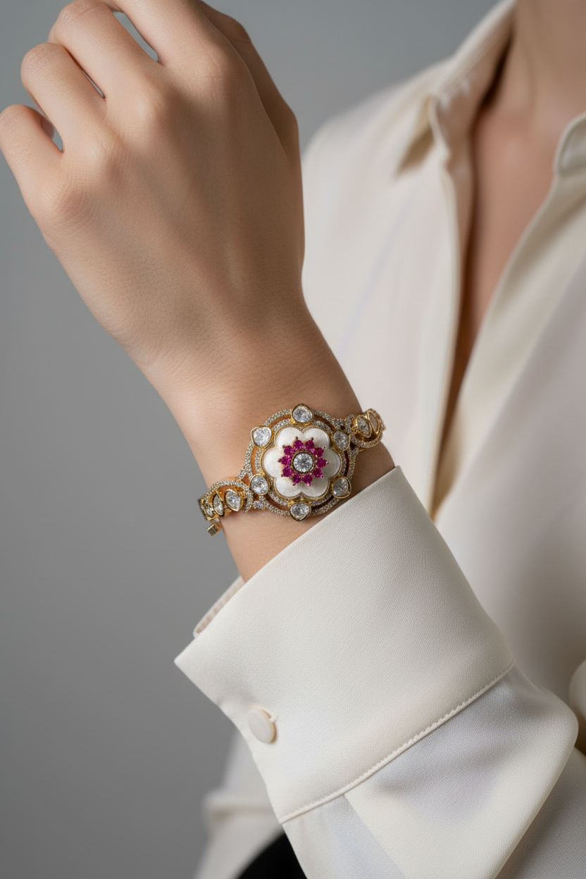 Gold Bracelets on Model