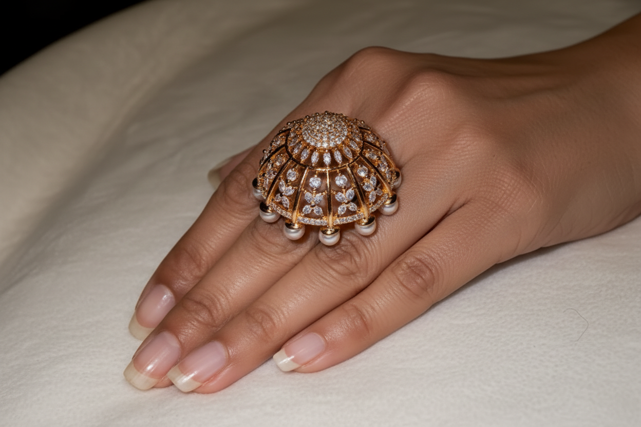 Gold Crystal Statement Ring on Model Hand