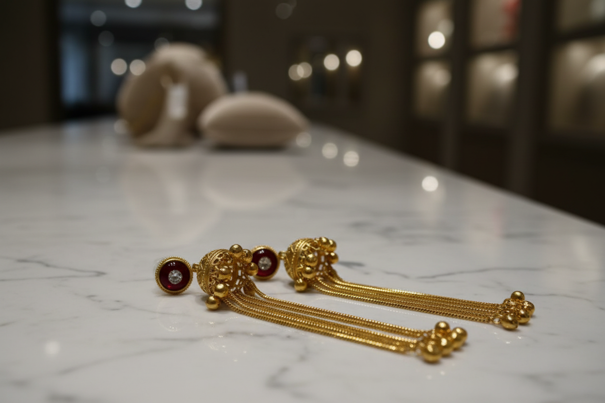 Gold jhumka chandelier earrings on counter