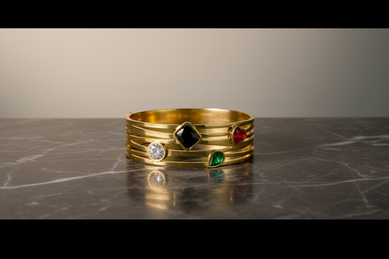 Gold multi-band bangle with colorful gemstones