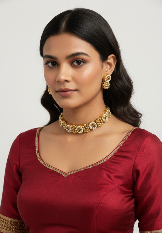 Gold pearl choker on Indian model - correct earrings