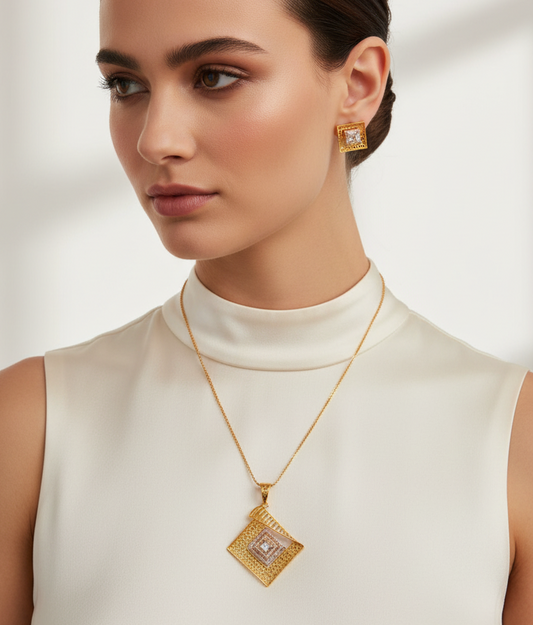 Gold pendant and stud earring set on model