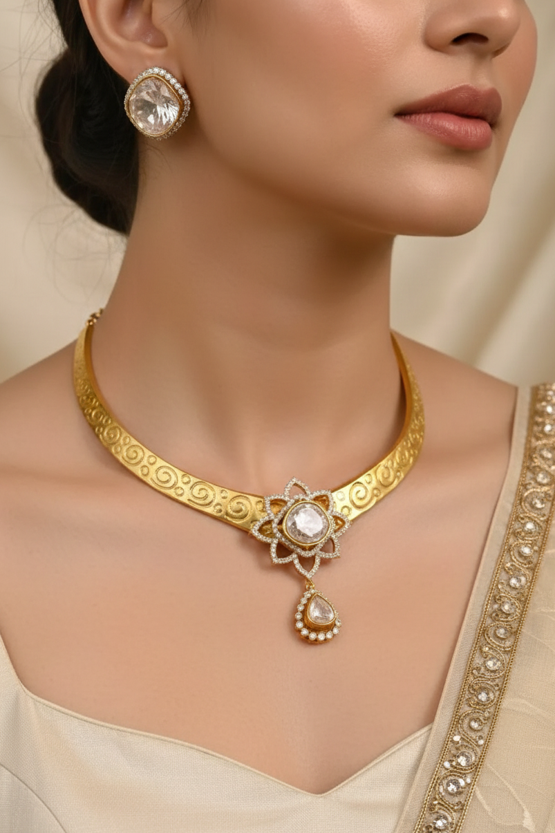Gold Polki Collar Set on Model