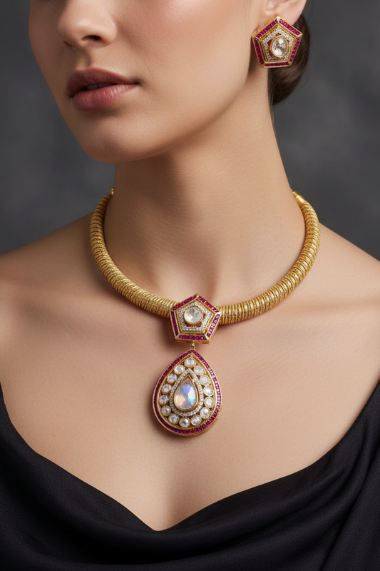 Gold Ruby Pearl Statement Set on Model