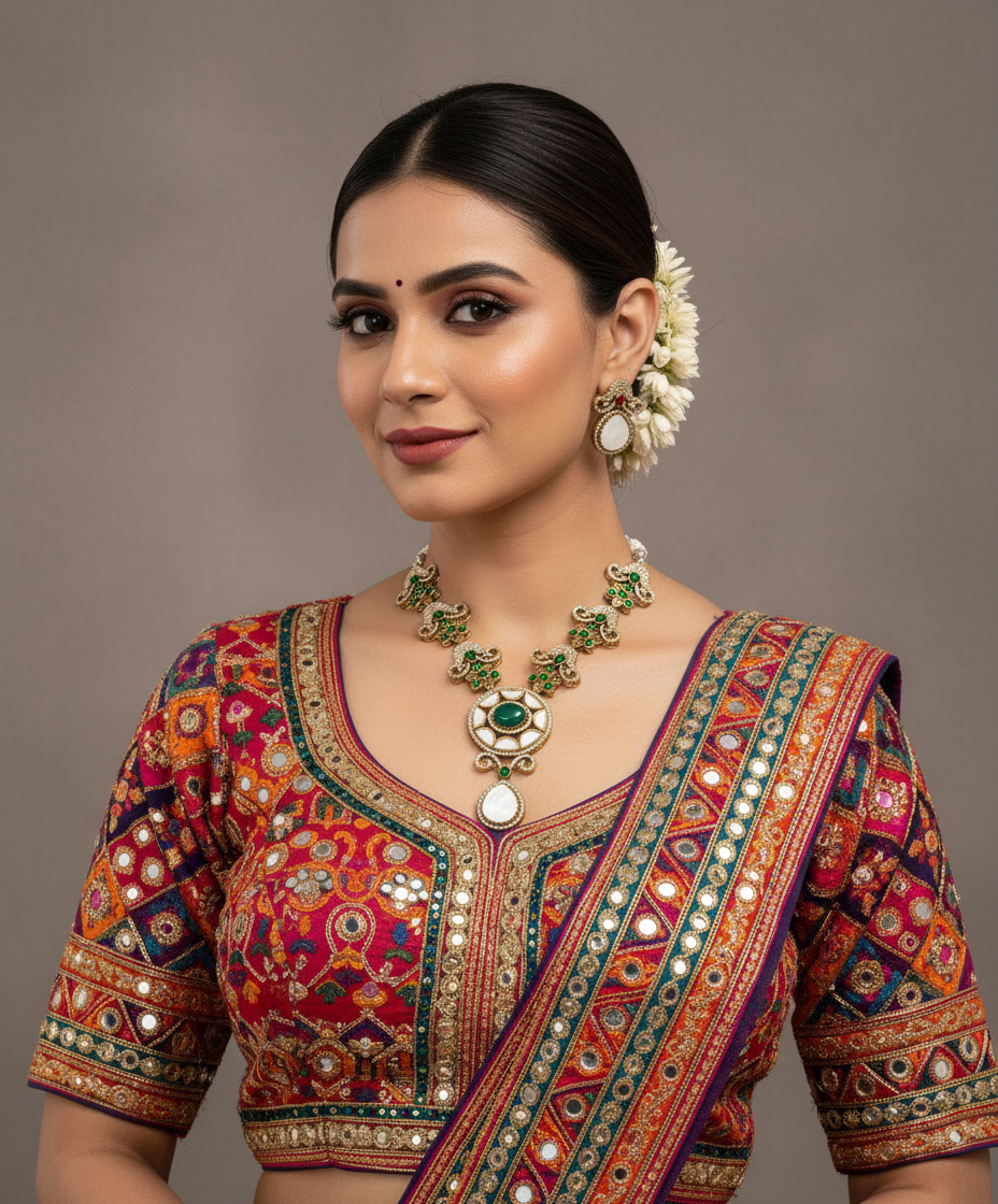 Green and White Necklace Set with Gujarati Garba Outfit