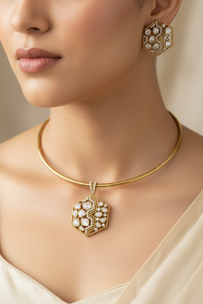 Hexagonal Art Deco Collar Set on Model