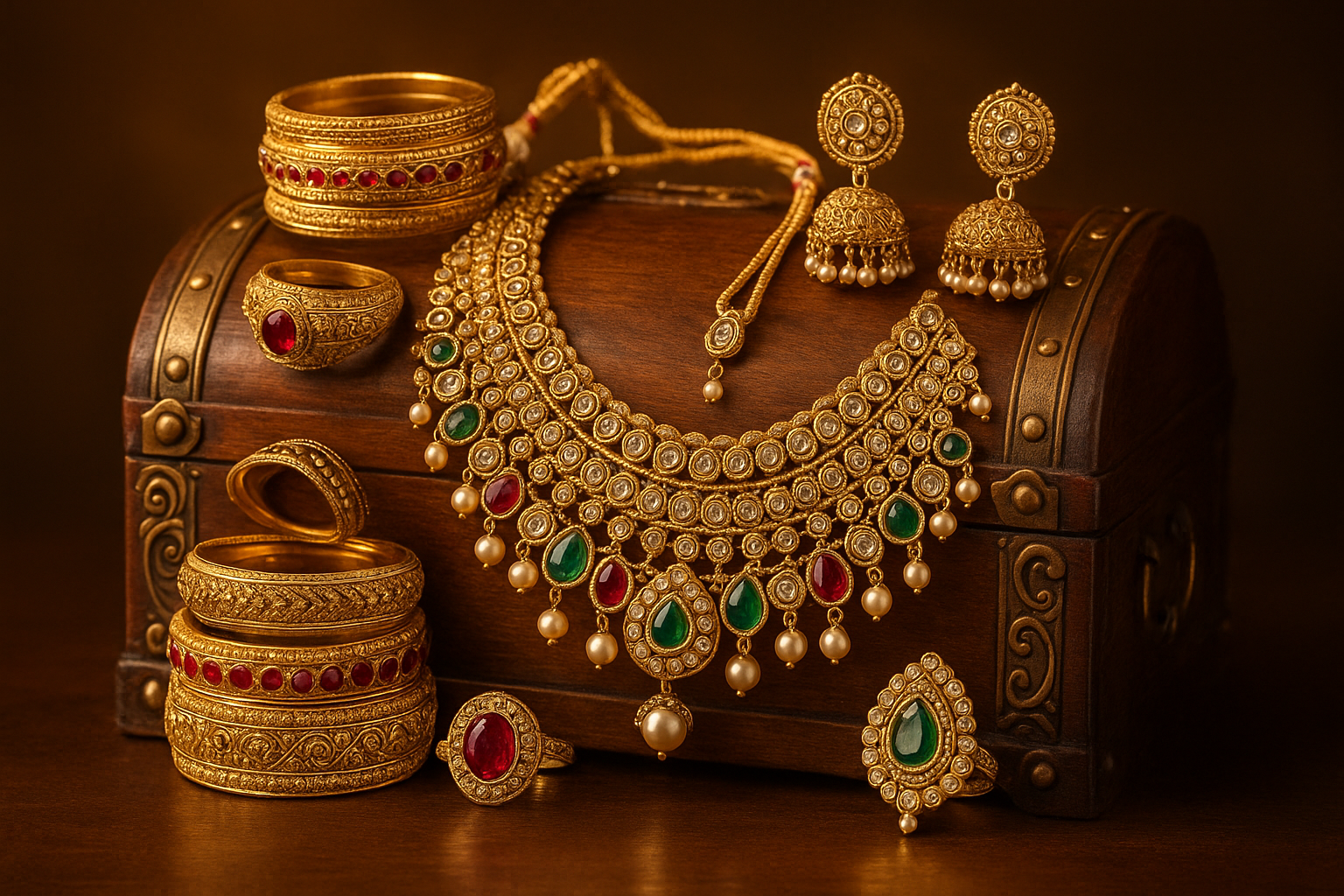 indian ethnic jewelry placed on a treasure chest 