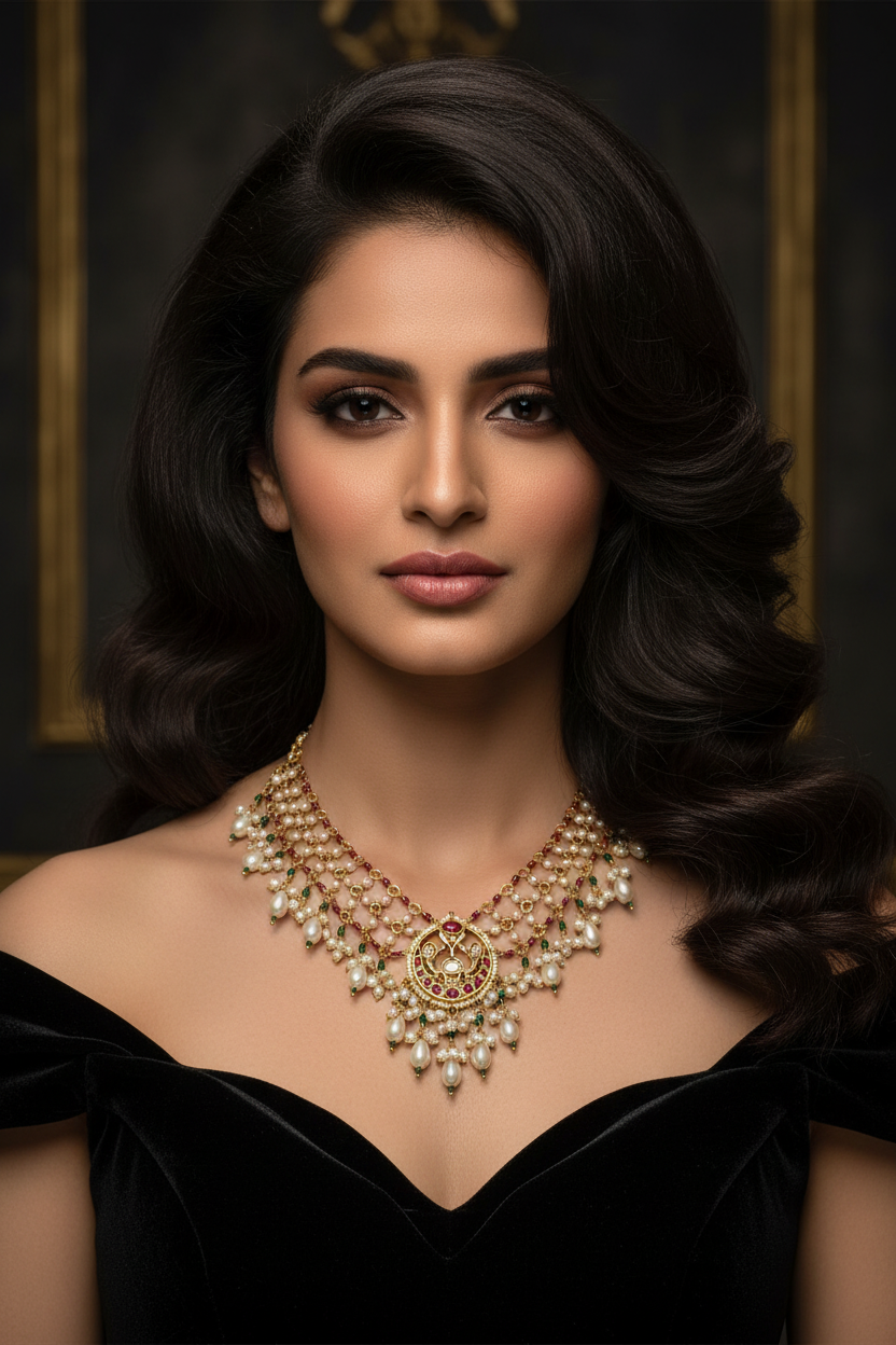 Jewelry set on model with blown-out hair