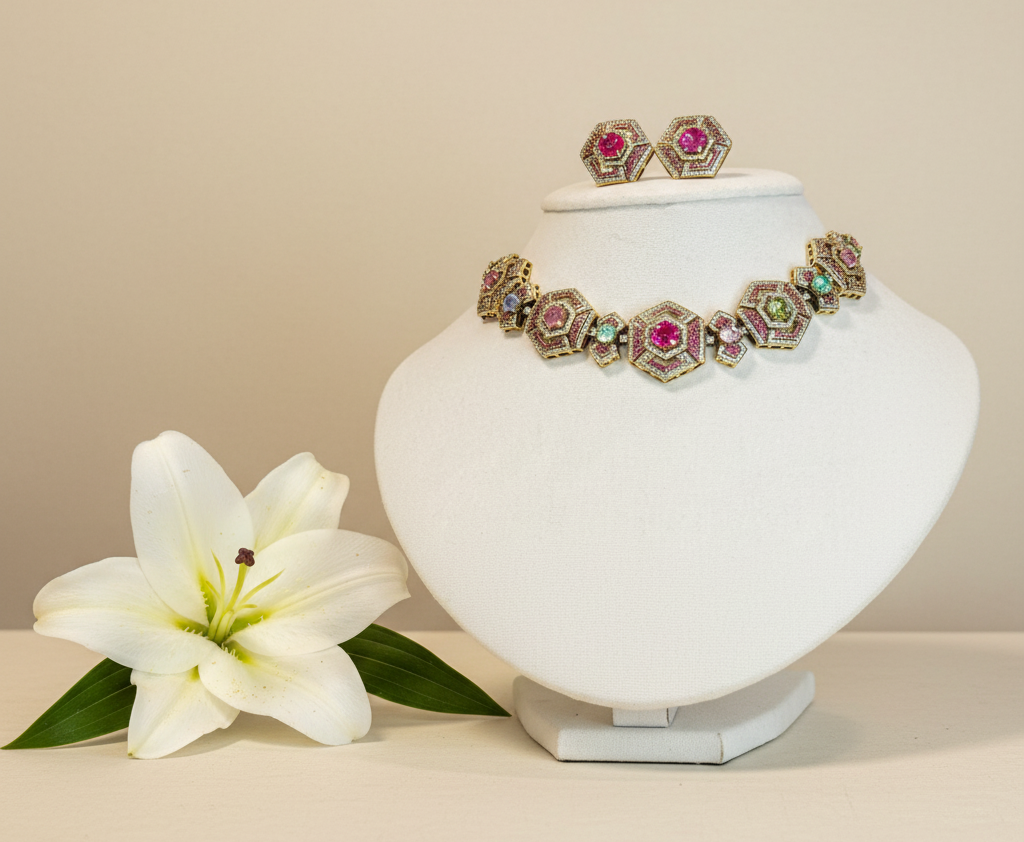 Jewelry with white lily in professional setting