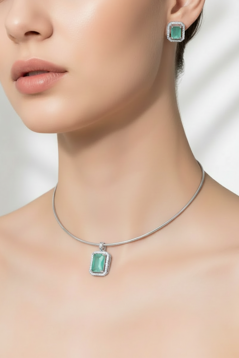 Mint Green Silver Pendant & Earrings