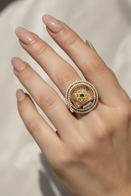 Model wearing beige stone ring