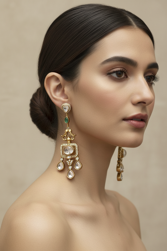 Model wearing crystal and emerald earrings correctly positioned
