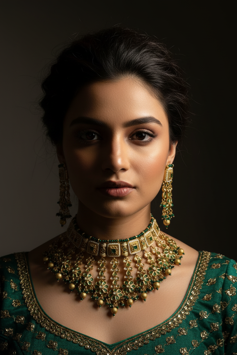 Model wearing gold and emerald jewelry set