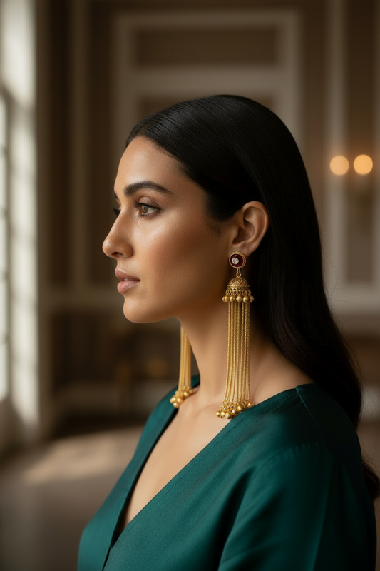 Model wearing shorter jhumka chandelier earrings