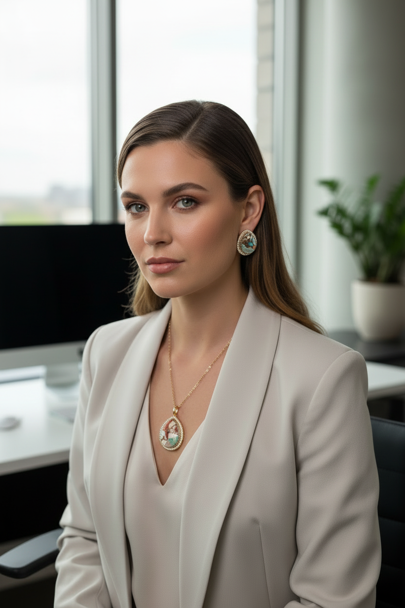 Model wearing smaller mosaic teardrop pendant set in office