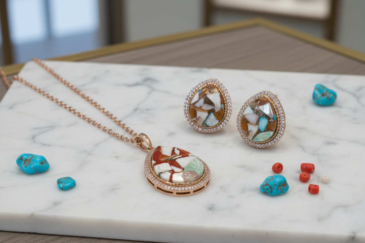 Mosaic teardrop pendant set - elegant counter display