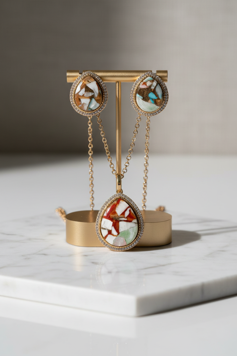 Mosaic teardrop pendant set on elegant display stands