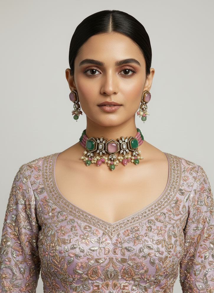 Pink and Green Choker Set with Fancy Lavender Outfit