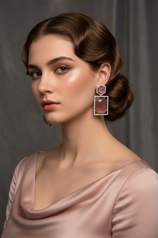 Pink Geometric Earrings on Model