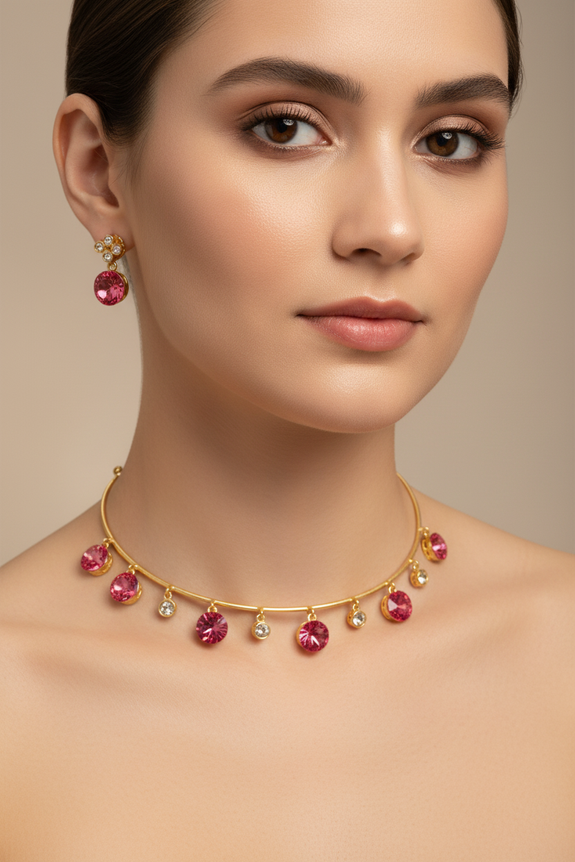 Pink Swarovski Crystal Collar Set on Model