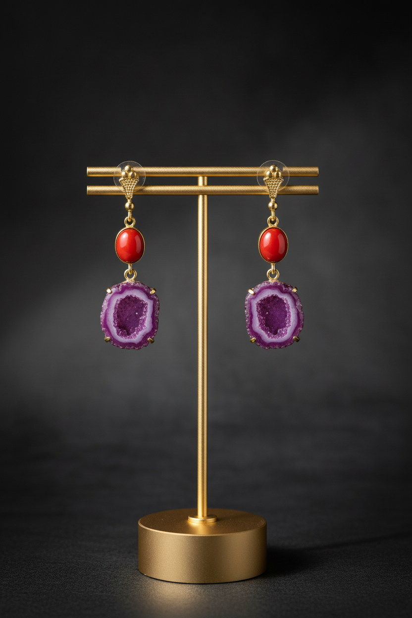 Purple and Red Agate Statement Earrings