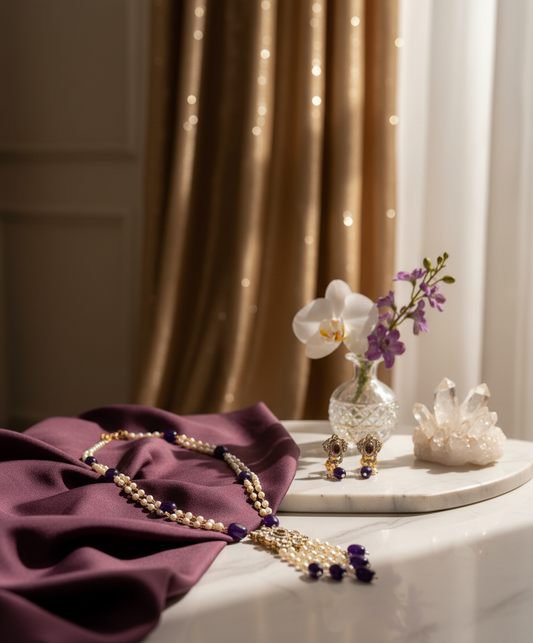 Purple Pearl Necklace Set in Luxury Setting