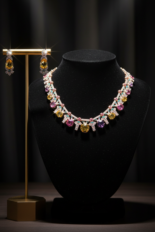 Rainbow Gemstone Necklace & Earrings on Velvet Display