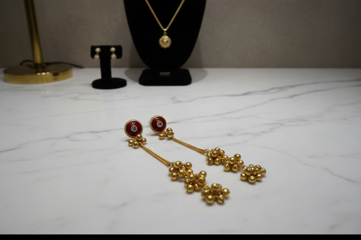 Red enamel tassel earrings on counter